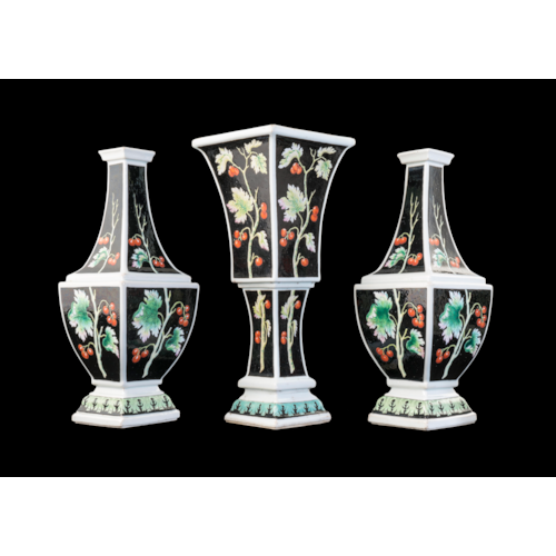 Rare Chinese porcelain garniture of Bottle Vases with black ground from the 'Pronk workshop'